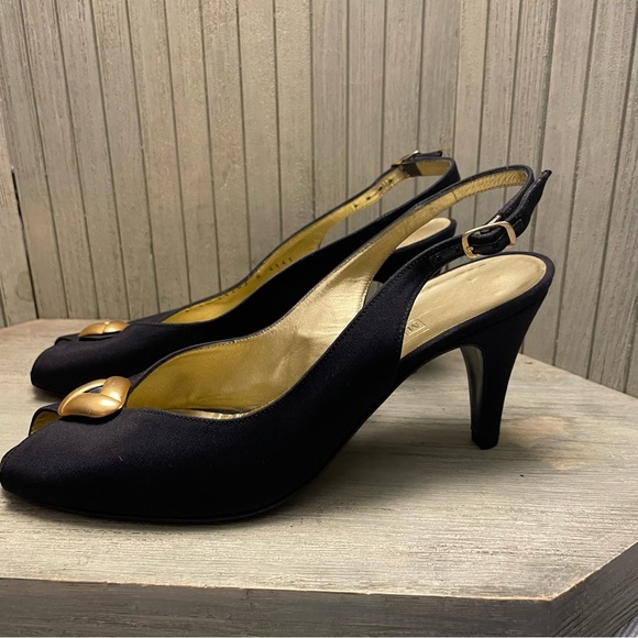 Bruno Magli Black Fabric with Gold Open Tor Slingback Heels Made in Italy 6.5B - Picture 2 of 13